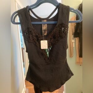 Free People Black lace tank top with cut outs